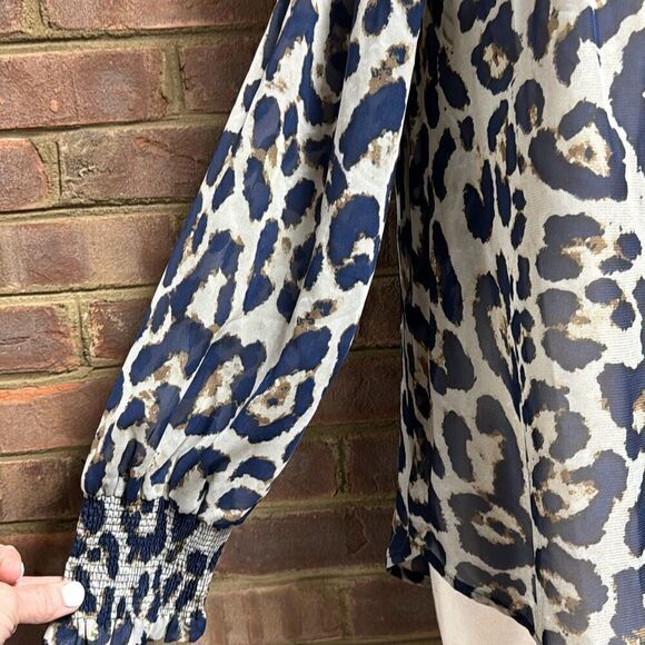 Racheal Blue Sheer Leopard Long Sleeve Blouse Size Large NEW - Picture 3 of 6